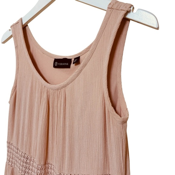 Versona Pink Peach Crochet Ruffled Tiered Sleeveless Flowy Dress Size S - Picture 3 of 9